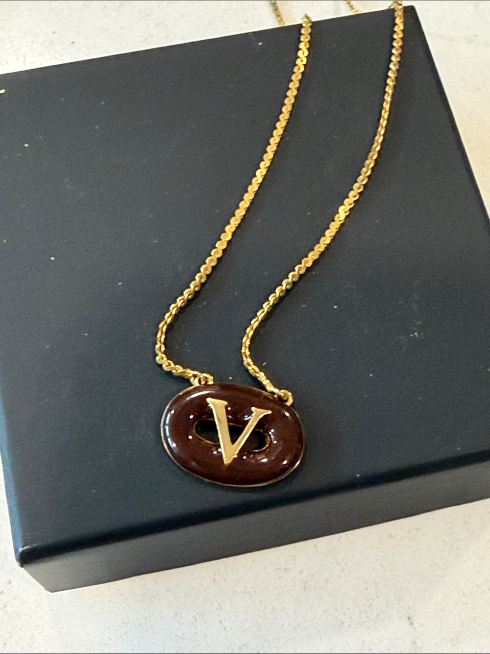 Valentino Stunning gold Chain Necklace with Brown Enamel 'V' Pendant